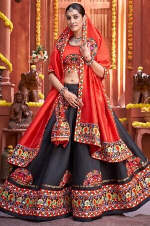 Attractive Black Gamthi Work Silk Traditional Rajwadi Chaniya Choli