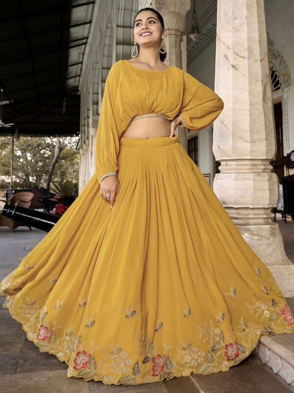 Beautiful Yellow Embroidered Georgette Haldi Wear Crop Top Lehenga - Image 3