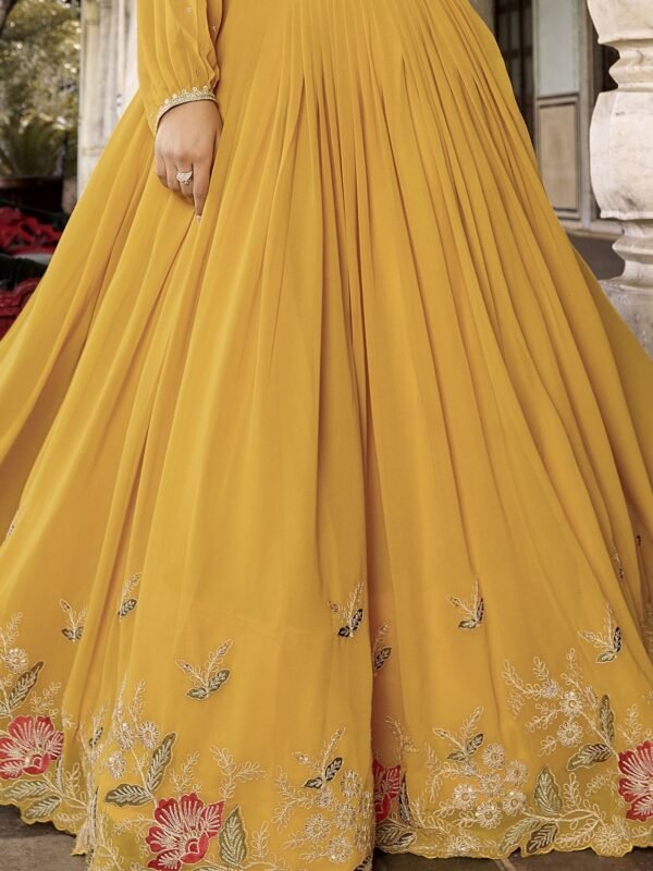 Beautiful Yellow Embroidered Georgette Haldi Wear Crop Top Lehenga - Image 2