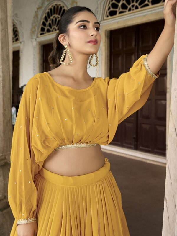 Beautiful Yellow Embroidered Georgette Haldi Wear Crop Top Lehenga - Image 4