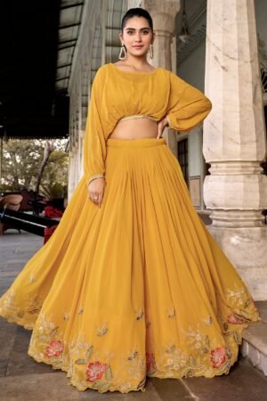 Beautiful Yellow Embroidered Georgette Haldi Wear Crop Top Lehenga