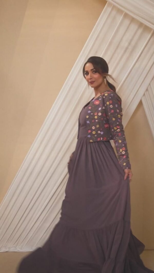 Malaika Arora Solid Maxi Dress with Floral Thread Embroidered Jacket - Image 3