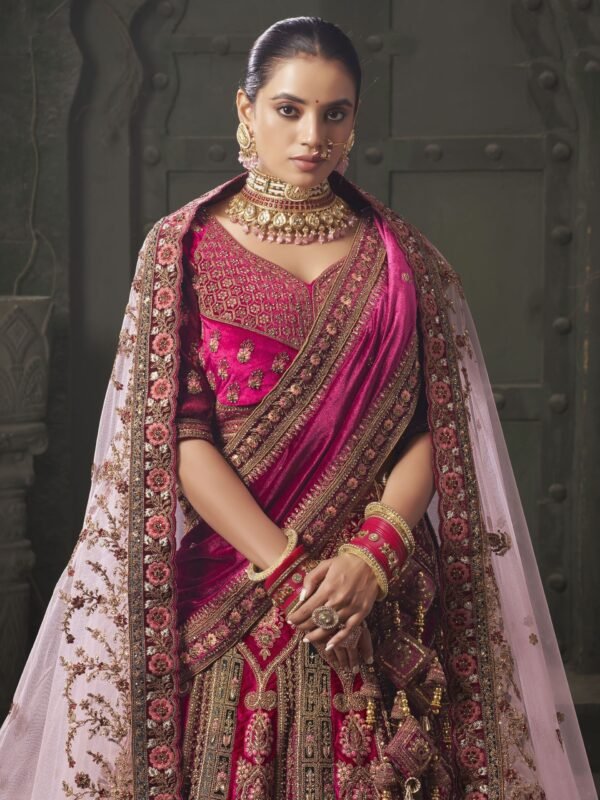 Adorable Rani Pink Codding Velvet Bridal Lehenga Choli With Double Dupatta - Image 3