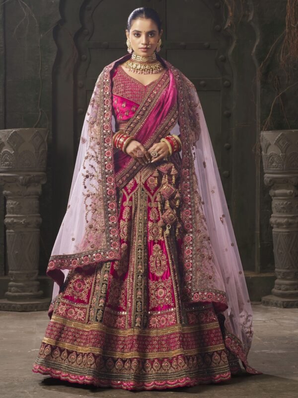 Adorable Rani Pink Codding Velvet Bridal Lehenga Choli With Double Dupatta