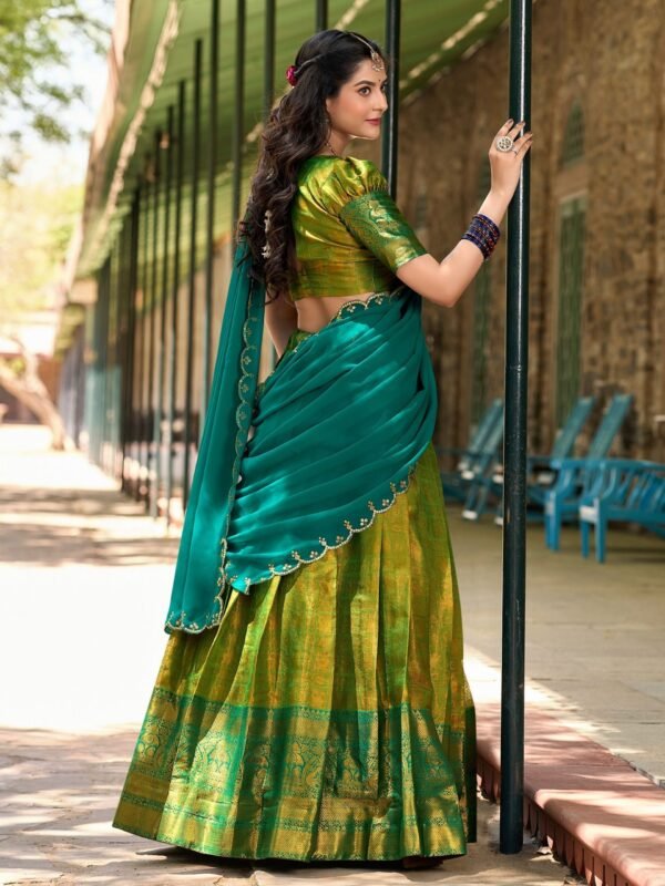Lovely Green Zari Woven Kanchipuram Silk Traditional Half Saree Lehenga - Image 4