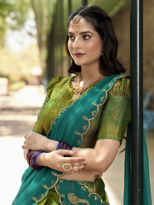 Lovely Green Zari Woven Kanchipuram Silk Traditional Half Saree Lehenga - Image 3
