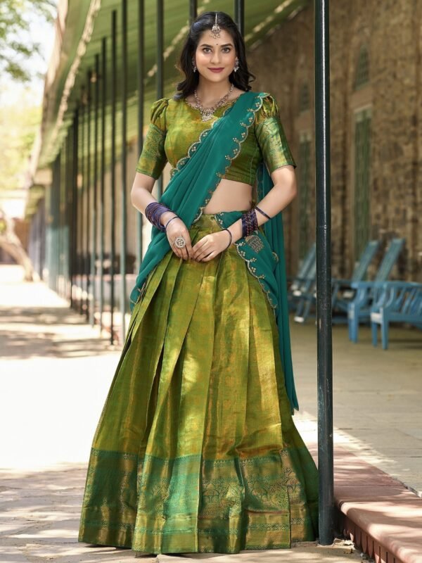 Lovely Green Zari Woven Kanchipuram Silk Traditional Half Saree Lehenga - Image 2