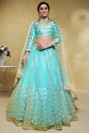 Sky Blue Foil Work Net Party Wear Lehenga Choli