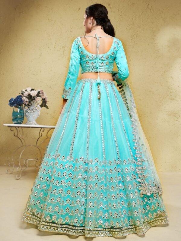 Sky Blue Foil Work Net Party Wear Lehenga Choli - Image 3