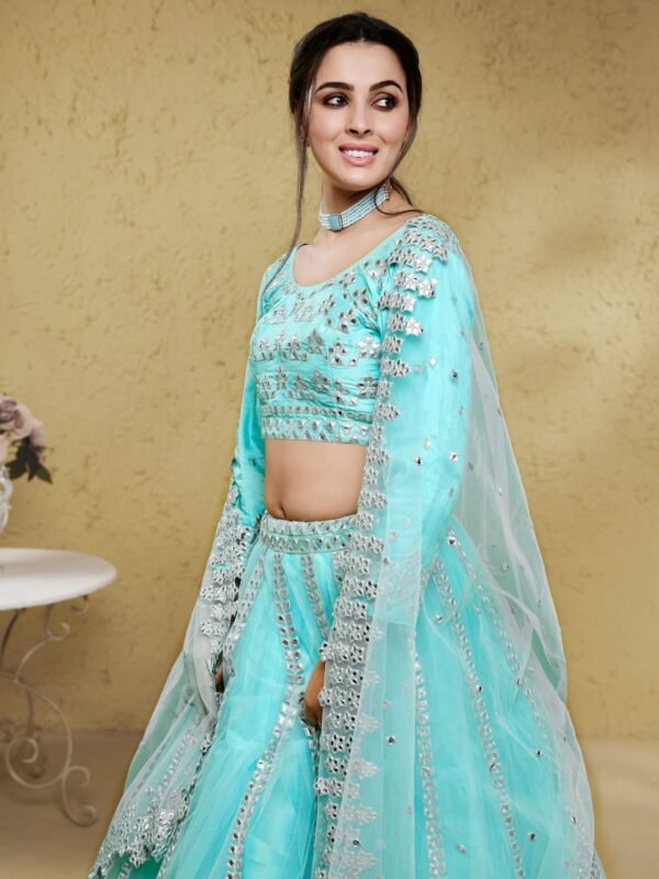 Sky Blue Foil Work Net Party Wear Lehenga Choli - Image 4