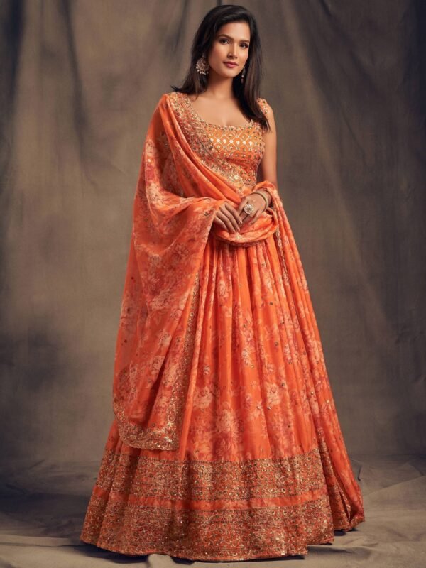 Orange Floral Embroidered Organza Wedding Wear Lehenga Choli - Image 4