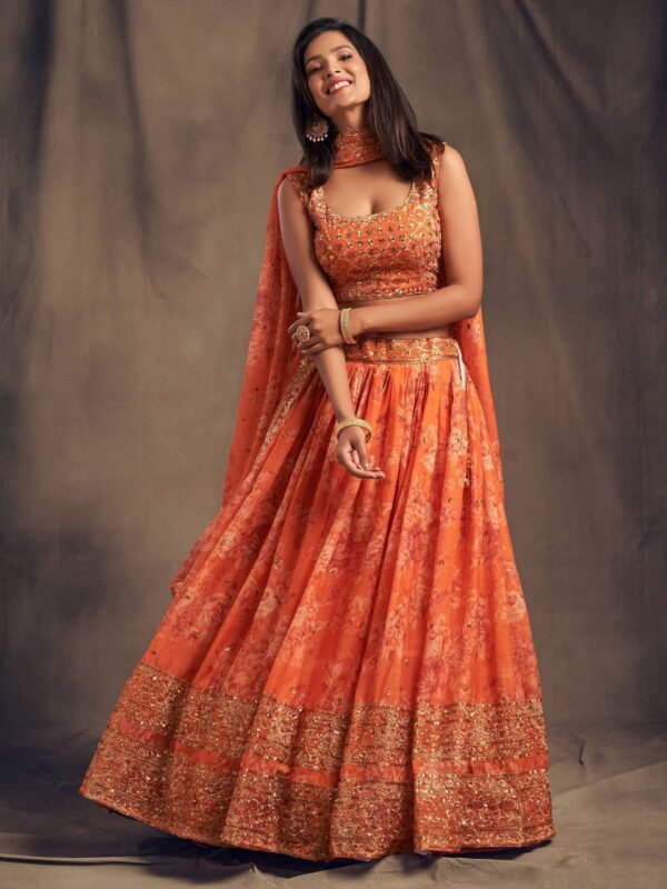 Orange Floral Embroidered Organza Wedding Wear Lehenga Choli - Image 2