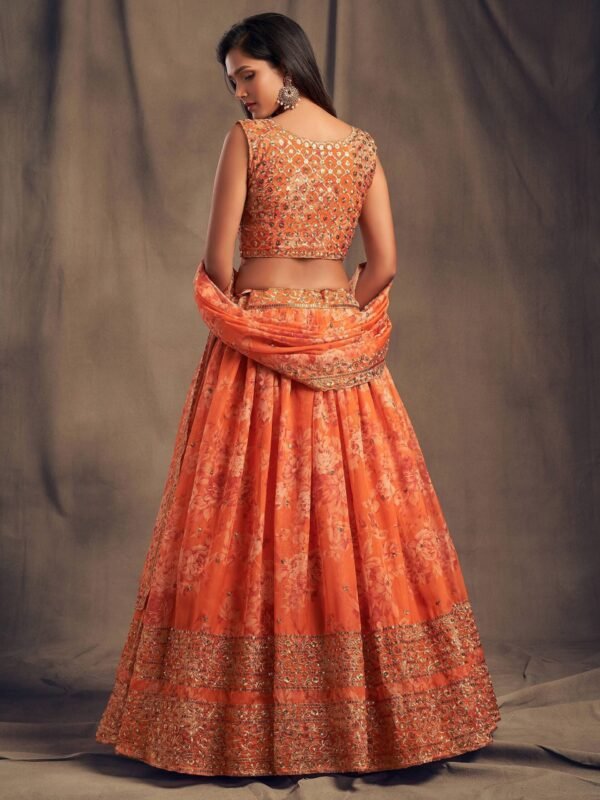 Orange Floral Embroidered Organza Wedding Wear Lehenga Choli - Image 3
