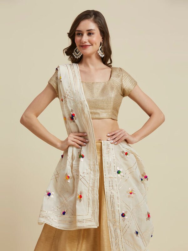 Off White Dupatta with Multicoloured Pom Poms and Gotta. - Image 2