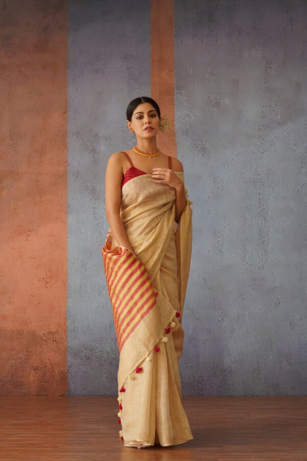 Beige Tissue Linen Sari with Red Gold Stripe Pallu - Image 4