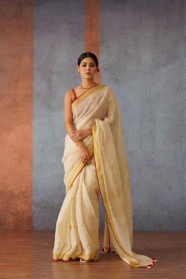 Off White Checks Linen Zari Sari - Image 3