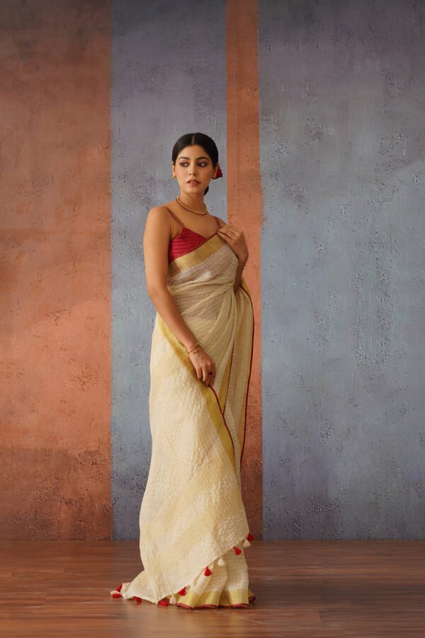 Off White Checks Linen Zari Sari - Image 4