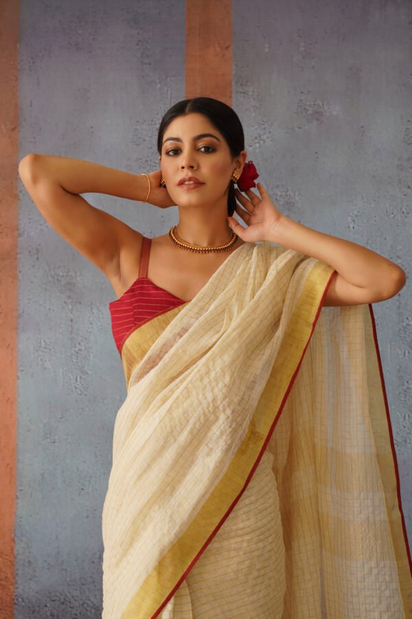 Off White Checks Linen Zari Sari - Image 2