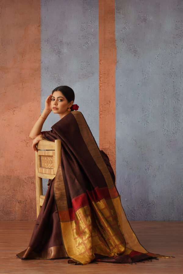 Coffee Raw Silk Sari with Striking Golden & Maroon Pallu - Image 4