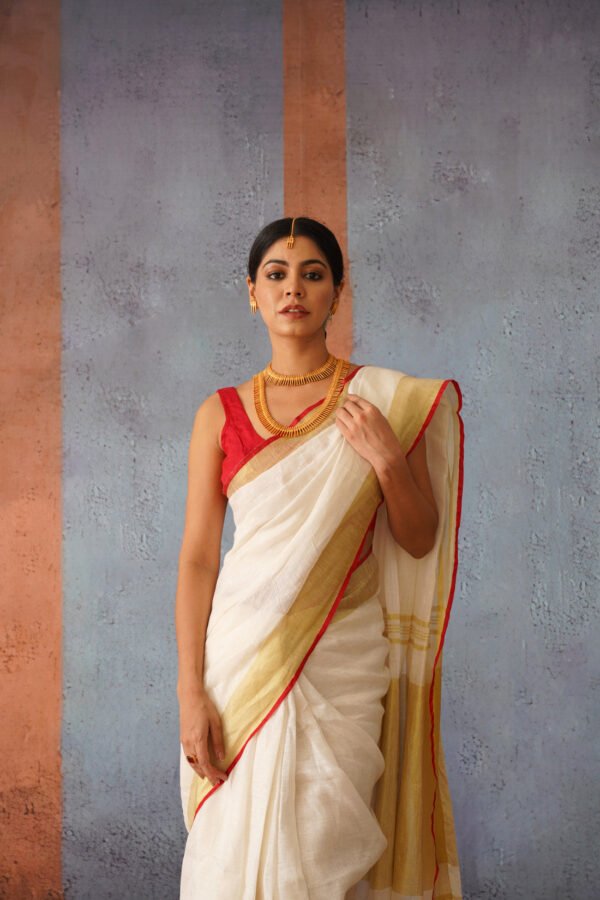 Festive Off White Handloom Linen Sari with Red Border & Gold Zari Pallu - Image 3