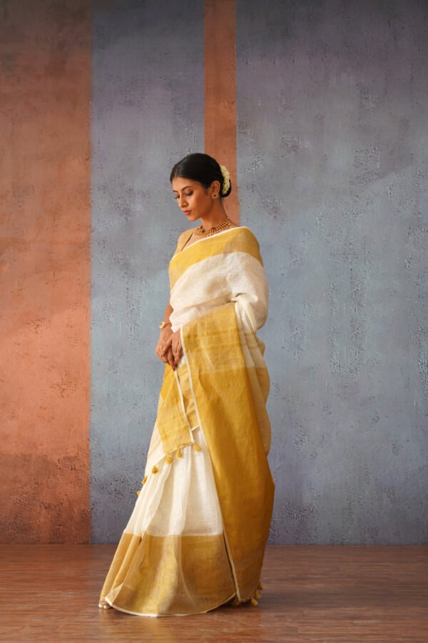 Off White Linen Sari with Gold Zari pallu - Image 4
