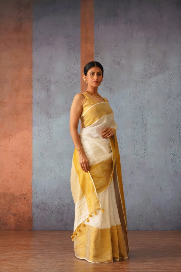 Off White Linen Sari with Gold Zari pallu - Image 3