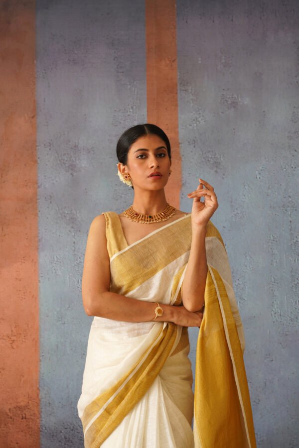 Off White Linen Sari with Gold Zari pallu - Image 2