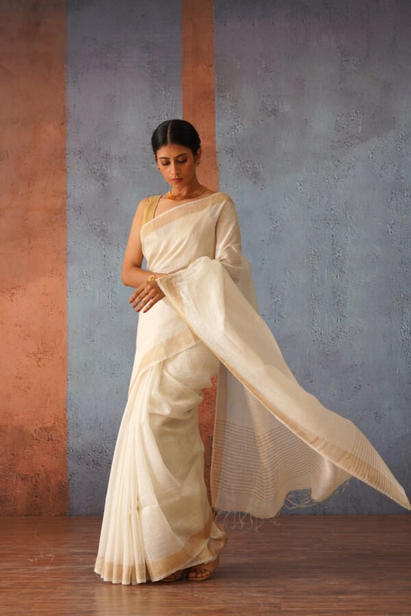 Off White Linen Silk Sari with Gold Zari pallu - Image 2