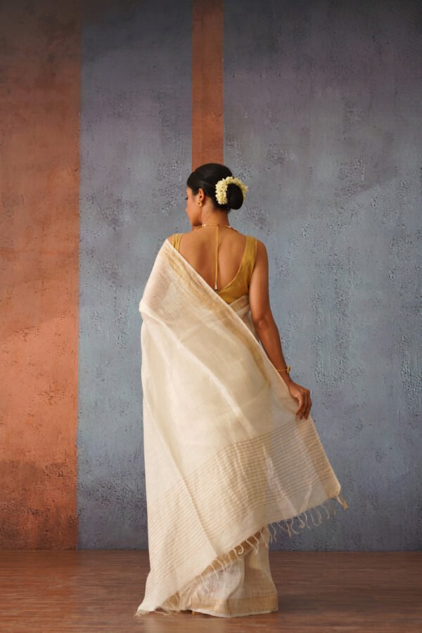 Off White Linen Silk Sari with Gold Zari pallu - Image 3