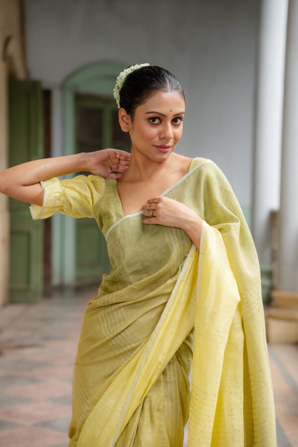 Citrus Charm Olive Ombre Linen Sari - Image 4