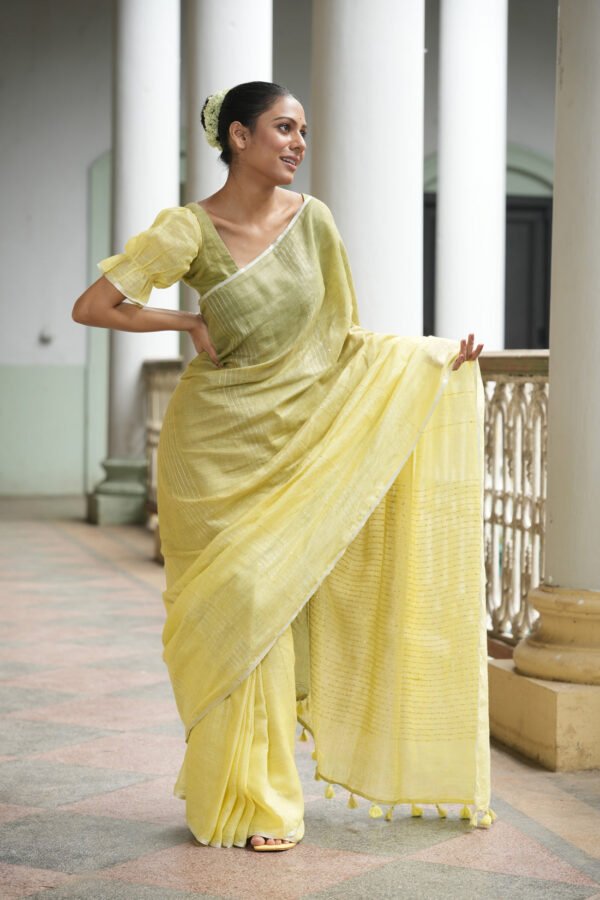 Citrus Charm Olive Ombre Linen Sari - Image 2