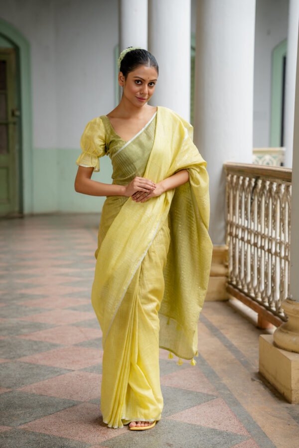 Citrus Charm Olive Ombre Linen Sari - Image 3