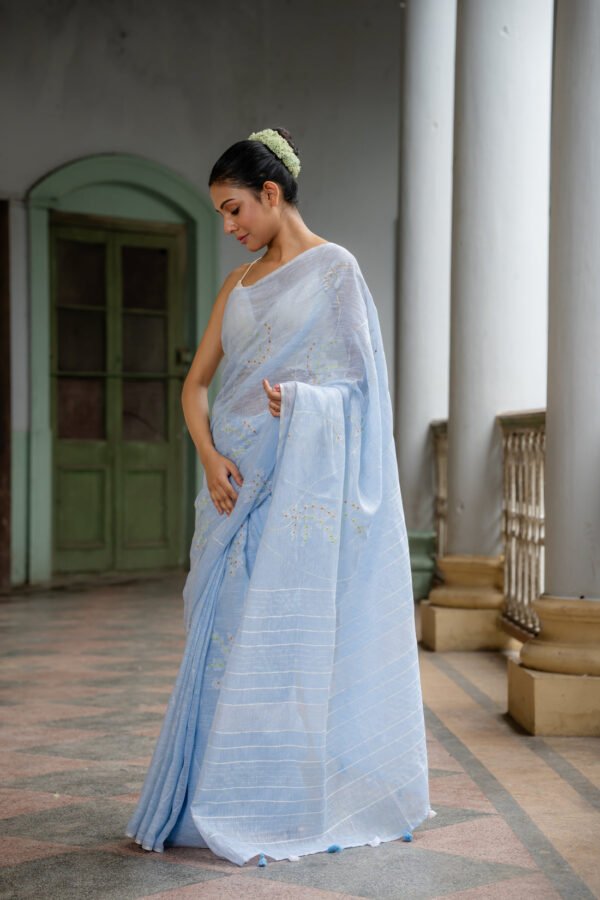 Celestial Beauty Powder Blue Embroidered Linen Sari - Image 3