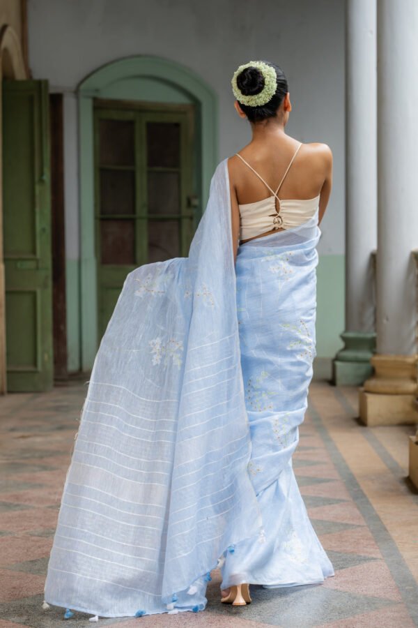 Celestial Beauty Powder Blue Embroidered Linen Sari - Image 2