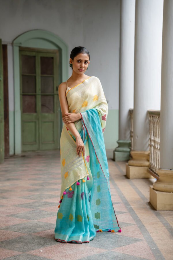 Ocean Breeze Jamdani Linen Sari - Image 3
