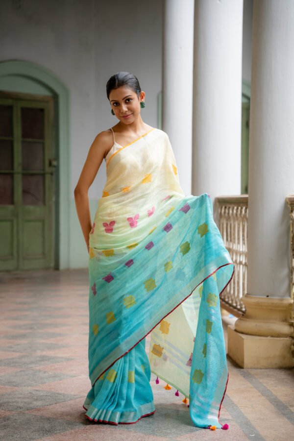 Ocean Breeze Jamdani Linen Sari - Image 2