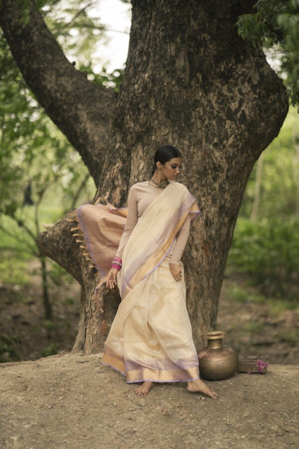 Chakori Beige & Lavender Tie Dye Tissue Linen Sari - Image 3