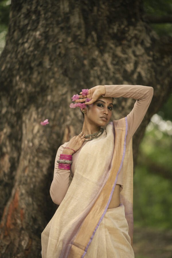 Chakori Beige & Lavender Tie Dye Tissue Linen Sari - Image 4