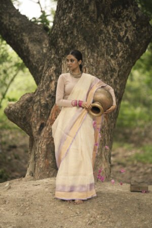 Chakori Beige & Lavender Tie Dye Tissue Linen Sari