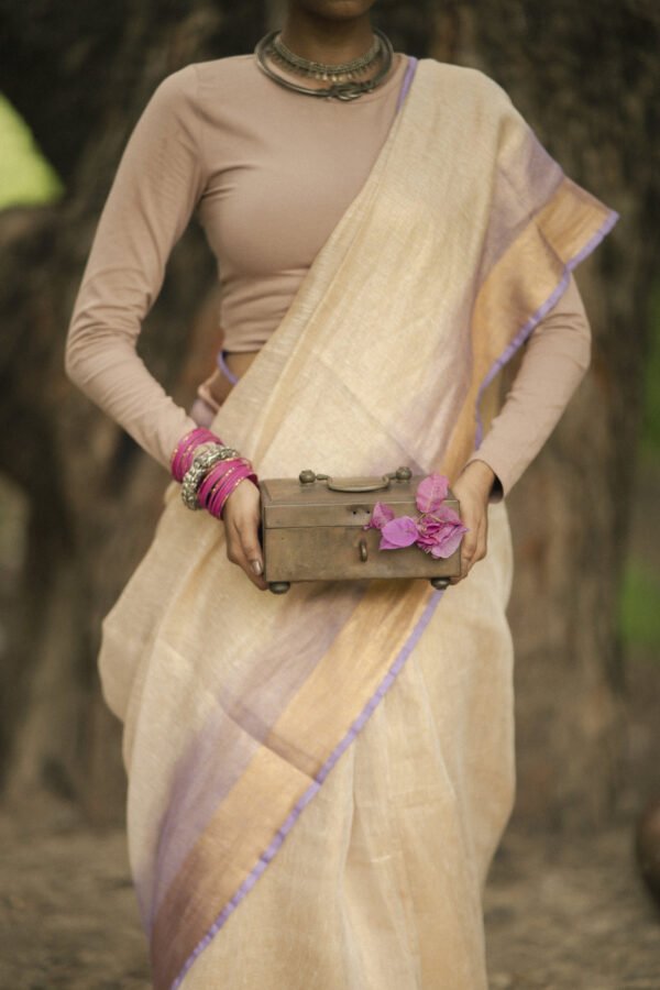 Chakori Beige & Lavender Tie Dye Tissue Linen Sari - Image 2