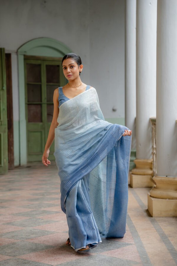Aqua Lagoon Harmony Linen Sari - Image 2
