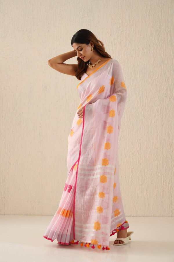 Navya Baby Pink Woven Linen Jamdani Sari - Image 2