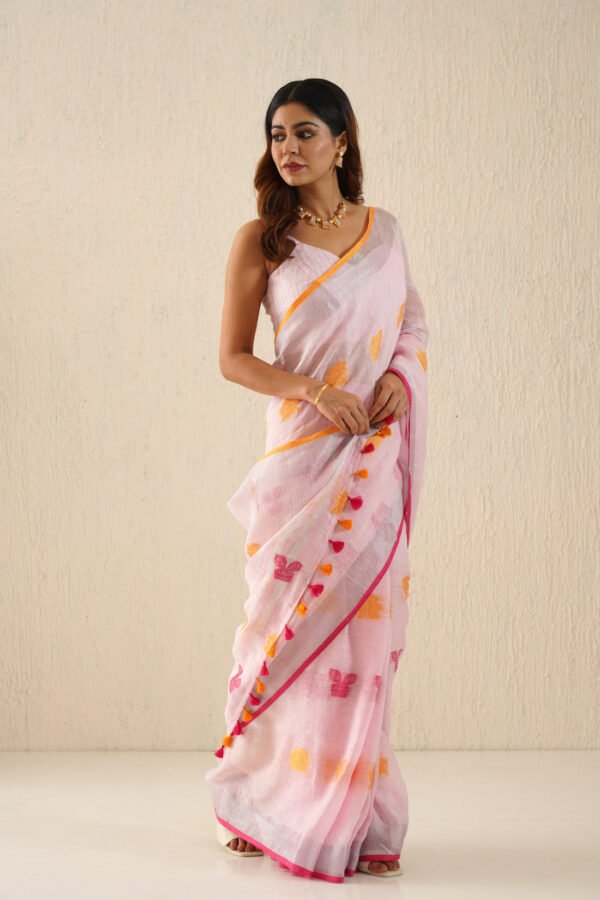 Navya Baby Pink Woven Linen Jamdani Sari - Image 3