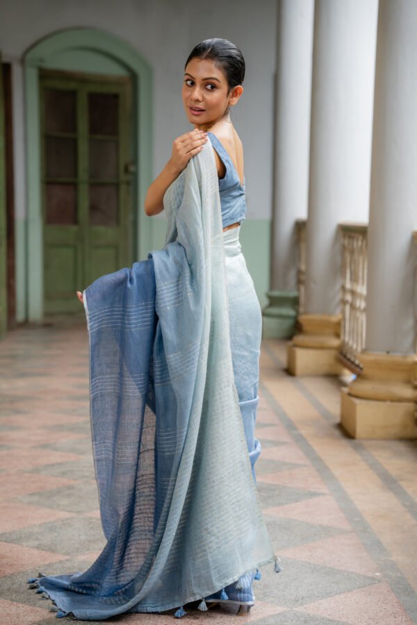 Aqua Lagoon Harmony Linen Sari - Image 4