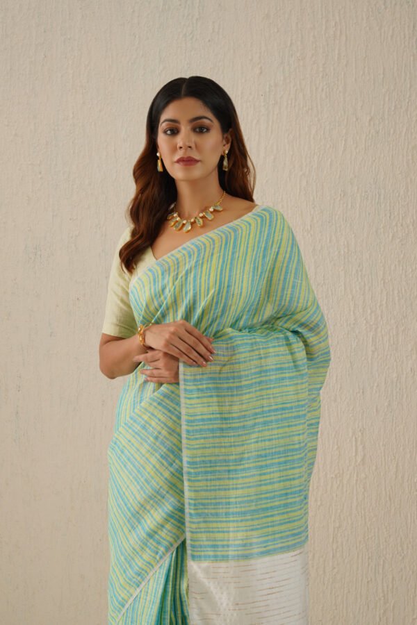 Myra Aqua Striped Handloom Linen Sari - Image 4