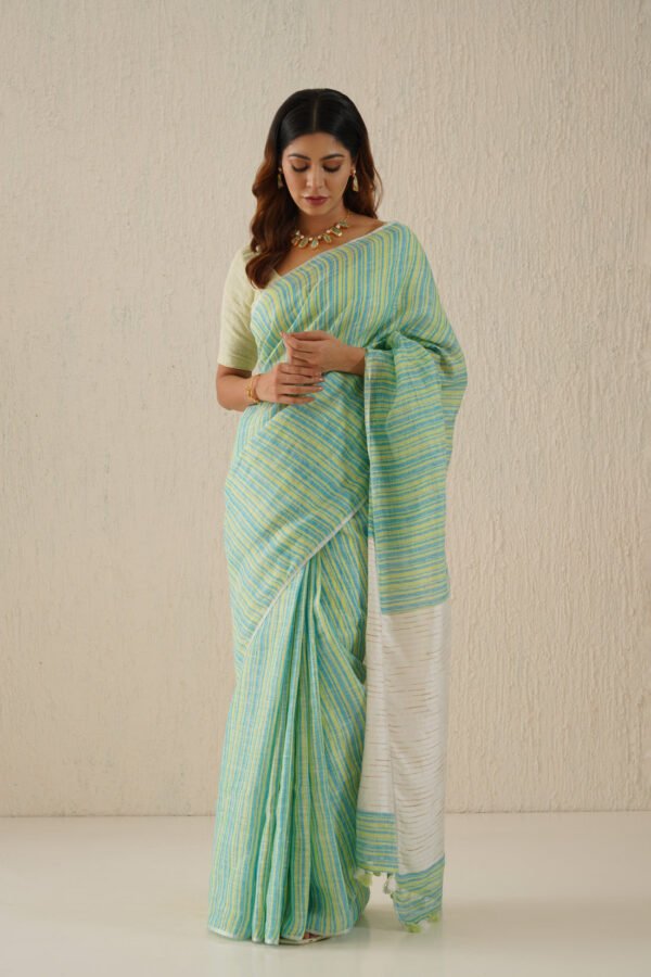 Myra Aqua Striped Handloom Linen Sari - Image 2