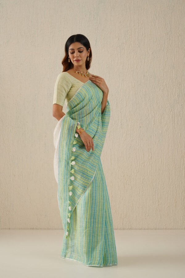 Myra Aqua Striped Handloom Linen Sari - Image 3