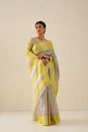 Silver & Yellow Handloom Tissue Linen Sari