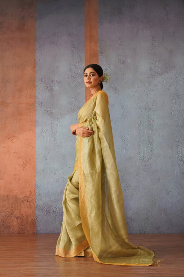 Olive Green Linen Silk Sari with Golden Zari - Image 2