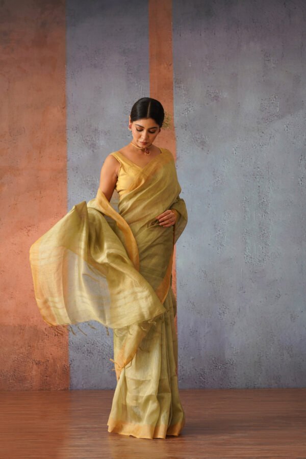Olive Green Linen Silk Sari with Golden Zari - Image 3